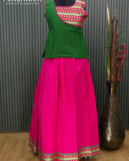 Mangalgiri cotton kids lehanga green and pink with patch work neck pattern and woven border - sleeves attached for 13 years - {{ collection.title }} by Prashanti Sarees