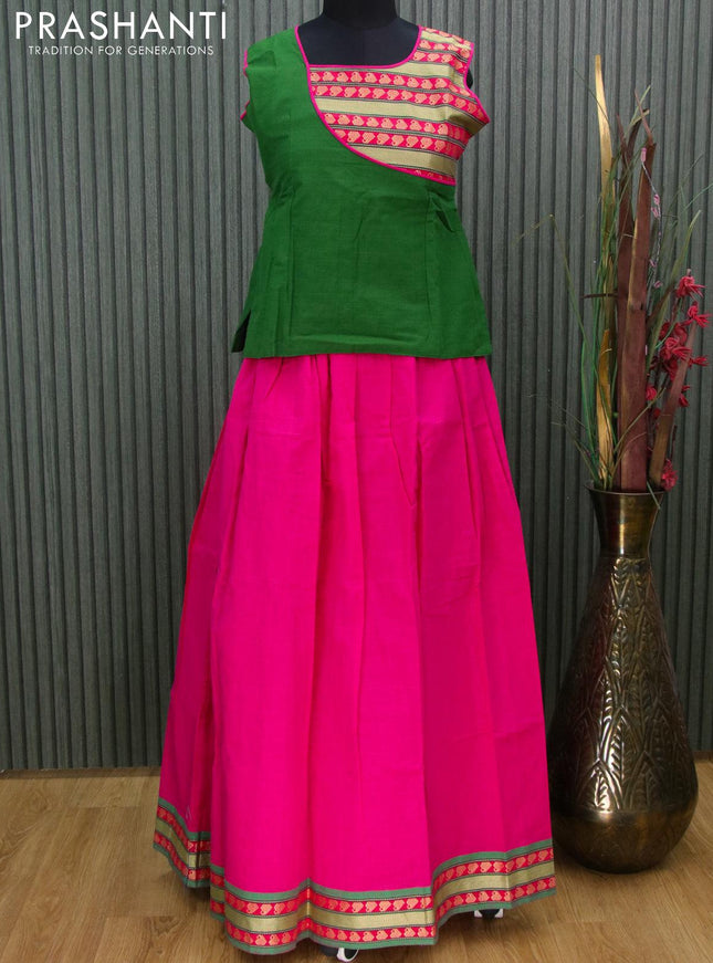 Mangalgiri cotton kids lehanga green and pink with patch work neck pattern and woven border - sleeves attached for 13 years - {{ collection.title }} by Prashanti Sarees