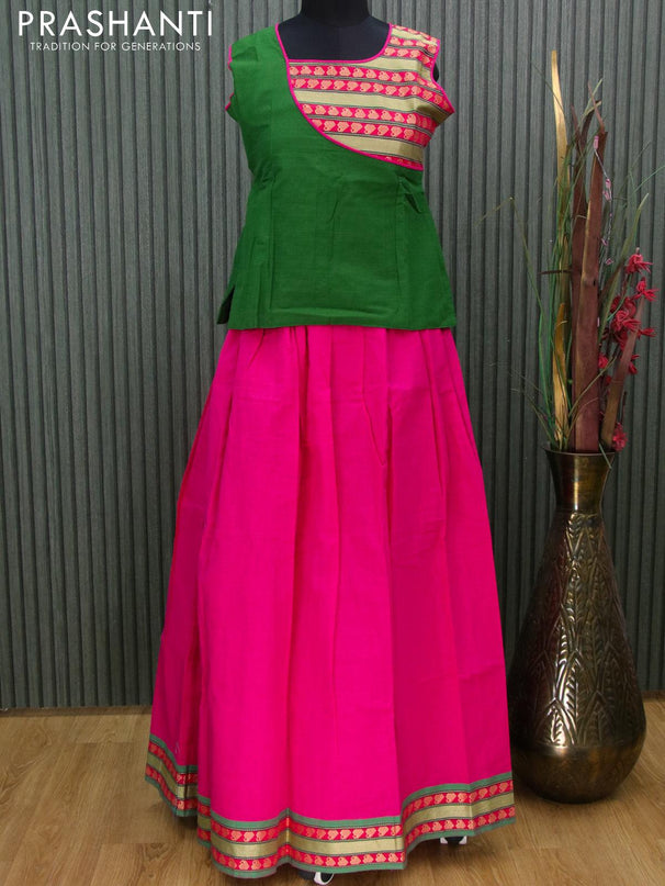 Mangalgiri cotton kids lehanga green and pink with patch work neck pattern and woven border - sleeves attached for 13 years - {{ collection.title }} by Prashanti Sarees