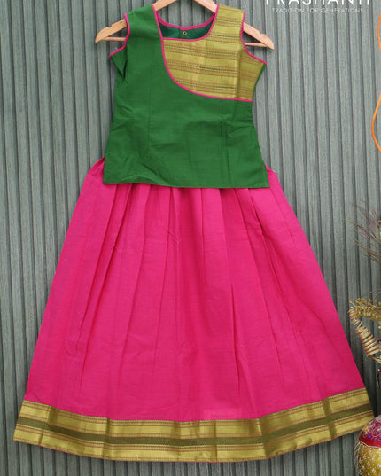 Mangalgiri cotton kids lehanga green and pink with patch work neck pattern and woven border - sleeves attached for 9 years - {{ collection.title }} by Prashanti Sarees