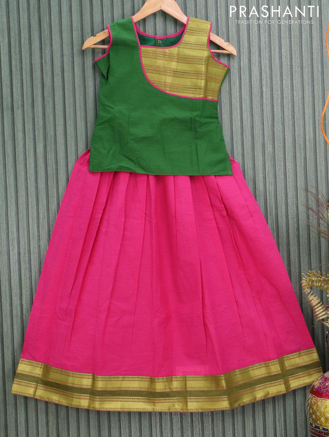 Mangalgiri cotton kids lehanga green and pink with patch work neck pattern and woven border - sleeves attached for 9 years - {{ collection.title }} by Prashanti Sarees