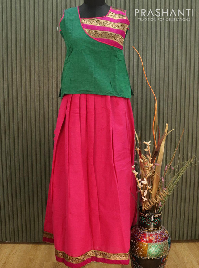 Mangalgiri cotton kids lehanga green and pink with patch work neck pattern and zari woven border with separate sleeves for 12 years - {{ collection.title }} by Prashanti Sarees