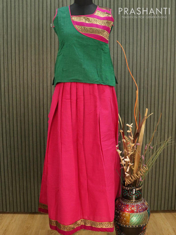 Mangalgiri cotton kids lehanga green and pink with patch work neck pattern and zari woven border with separate sleeves for 12 years - {{ collection.title }} by Prashanti Sarees
