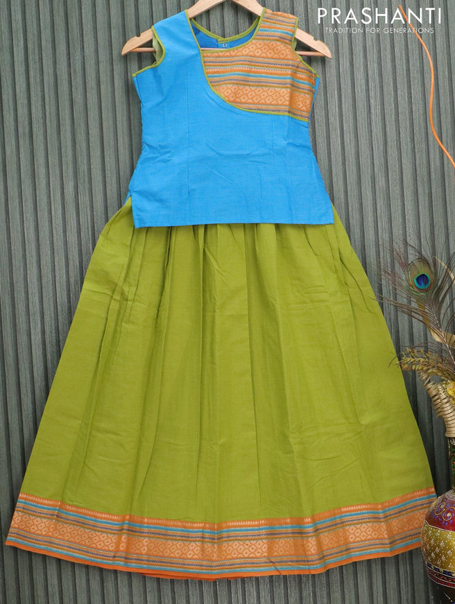 Mangalgiri cotton kids lehanga light blue and light green with patch work neck pattern and woven border - sleeves attached for 10 years - {{ collection.title }} by Prashanti Sarees