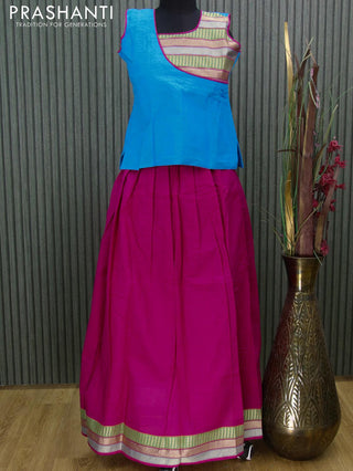Mangalgiri cotton kids lehanga light blue and pink with patch work neck pattern and zari woven border - sleeves attached for 12 years