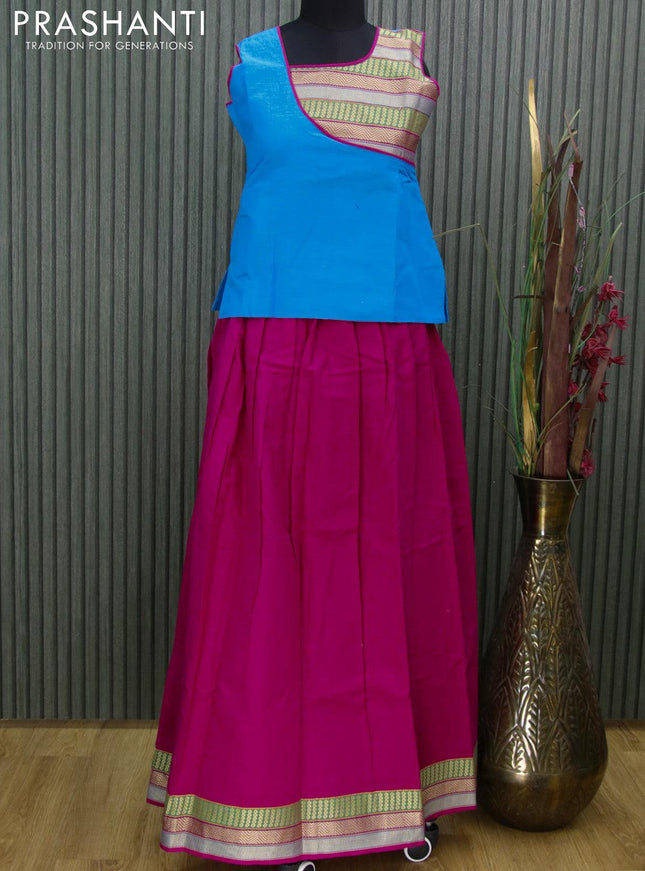 Mangalgiri cotton kids lehanga light blue and pink with patch work neck pattern and zari woven border - sleeves attached for 13 years - {{ collection.title }} by Prashanti Sarees