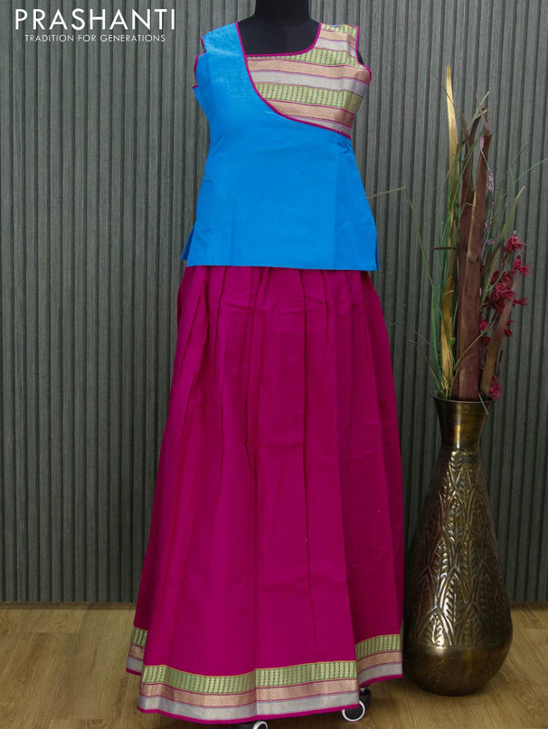 Mangalgiri cotton kids lehanga light blue and pink with patch work neck pattern and zari woven border - sleeves attached for 13 years - {{ collection.title }} by Prashanti Sarees