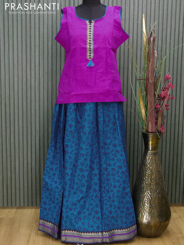 Mangalgiri cotton kids lehanga magenta pink and cs blue with patch work neck pattern and woven border - sleeves attached for 16 years - {{ collection.title }} by Prashanti Sarees