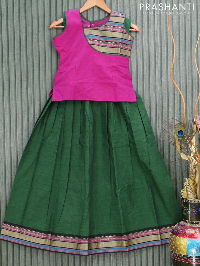 Mangalgiri cotton kids lehanga magenta pink and green with patch work neck pattern and woven border - sleeves attached for 10 years - {{ collection.title }} by Prashanti Sarees