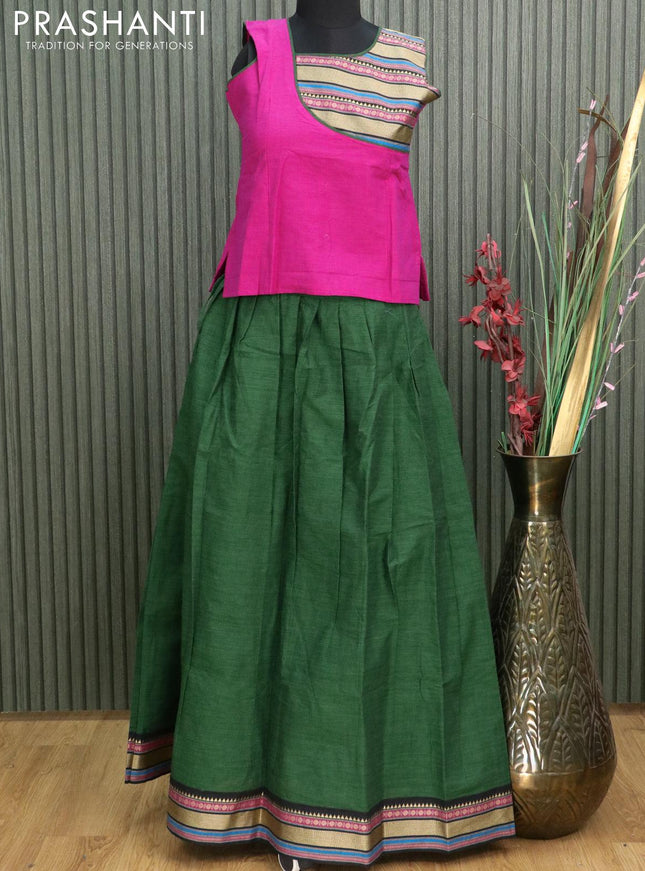 Mangalgiri cotton kids lehanga magenta pink and green with patch work neck pattern and woven border - sleeves attached for 11 years - {{ collection.title }} by Prashanti Sarees