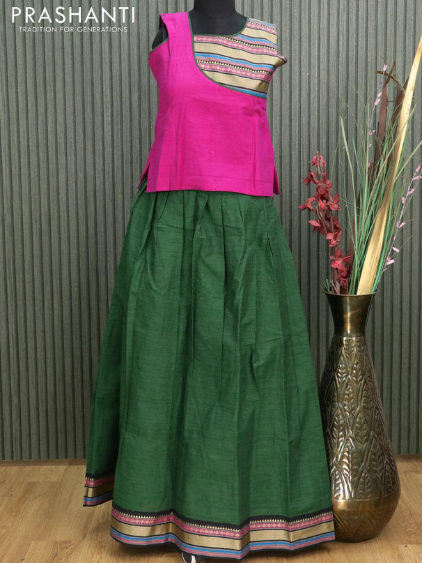 Mangalgiri cotton kids lehanga magenta pink and green with patch work neck pattern and woven border - sleeves attached for 11 years - {{ collection.title }} by Prashanti Sarees