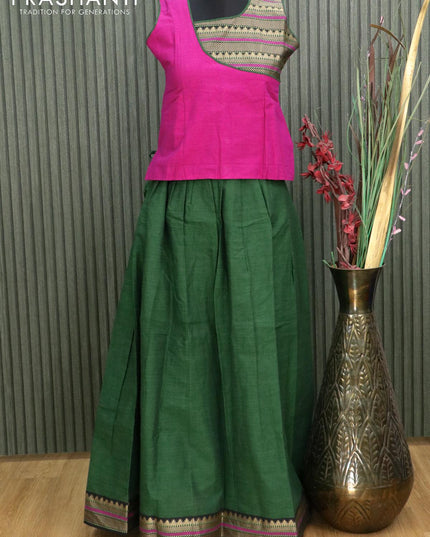 Mangalgiri cotton kids lehanga magenta pink and green with patch work neck pattern and woven border - sleeves attached for 11 years - {{ collection.title }} by Prashanti Sarees