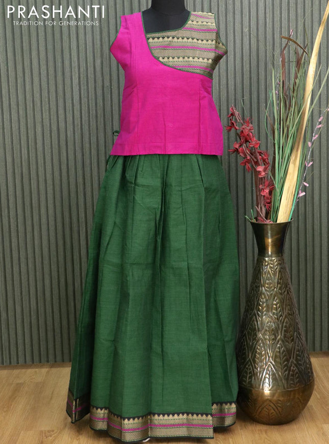 Mangalgiri cotton kids lehanga magenta pink and green with patch work neck pattern and woven border - sleeves attached for 12 years - {{ collection.title }} by Prashanti Sarees
