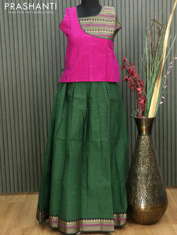 Mangalgiri cotton kids lehanga magenta pink and green with patch work neck pattern and woven border - sleeves attached for 12 years - {{ collection.title }} by Prashanti Sarees