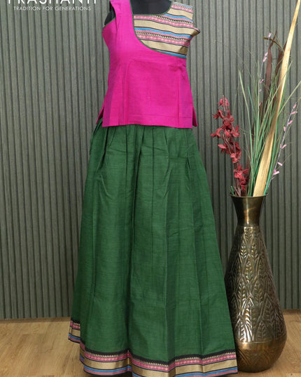 Mangalgiri cotton kids lehanga magenta pink and green with patch work neck pattern and woven border - sleeves attached for 12 years - {{ collection.title }} by Prashanti Sarees