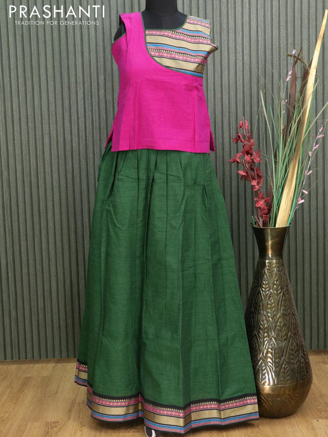 Mangalgiri cotton kids lehanga magenta pink and green with patch work neck pattern and woven border - sleeves attached for 12 years - {{ collection.title }} by Prashanti Sarees