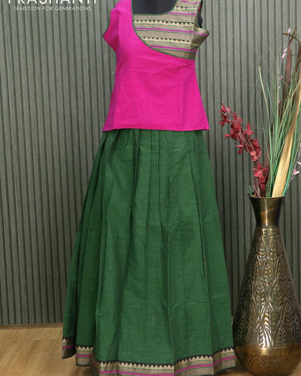 Mangalgiri cotton kids lehanga magenta pink and green with patch work neck pattern and woven border - sleeves attached for 13 years - {{ collection.title }} by Prashanti Sarees