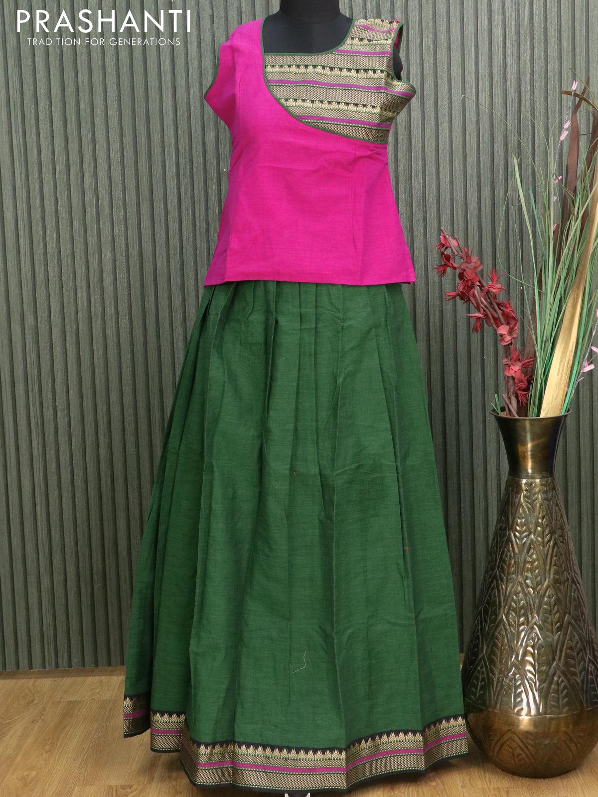 Mangalgiri cotton kids lehanga magenta pink and green with patch work neck pattern and woven border - sleeves attached for 13 years Mangalgiri cotton kids lehanga magenta pink and green with patch work neck pattern and woven border - sleeves attached for 13 years
