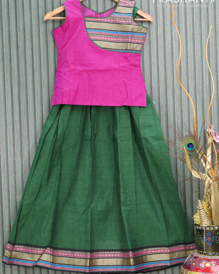 Mangalgiri cotton kids lehanga magenta pink and green with patch work neck pattern and woven border - sleeves attached for 9 years - {{ collection.title }} by Prashanti Sarees