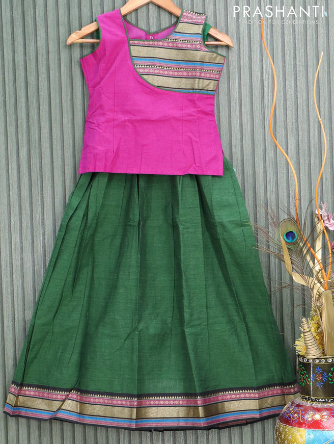 Mangalgiri cotton kids lehanga magenta pink and green with patch work neck pattern and woven border - sleeves attached for 9 years - {{ collection.title }} by Prashanti Sarees