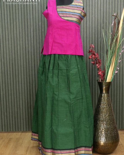 Mangalgiri cotton kids lehanga magenta pink and green with patch work neck pattern and zari woven border - sleeves attached for 13 years - {{ collection.title }} by Prashanti Sarees