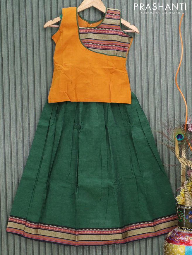 Mangalgiri cotton kids lehanga mustard yellow and green with patch work neck pattern and woven border - sleeves attached for 9 years - {{ collection.title }} by Prashanti Sarees