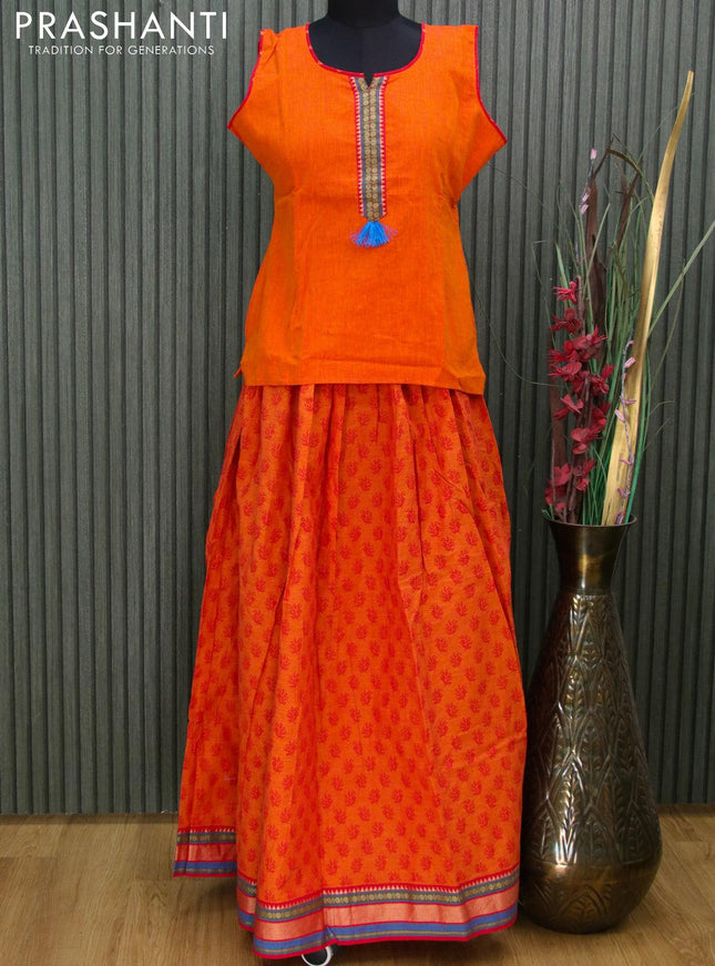 Mangalgiri cotton kids lehanga orange and red with patch work neck pattern and woven border - sleeves attached for 15 years - {{ collection.title }} by Prashanti Sarees