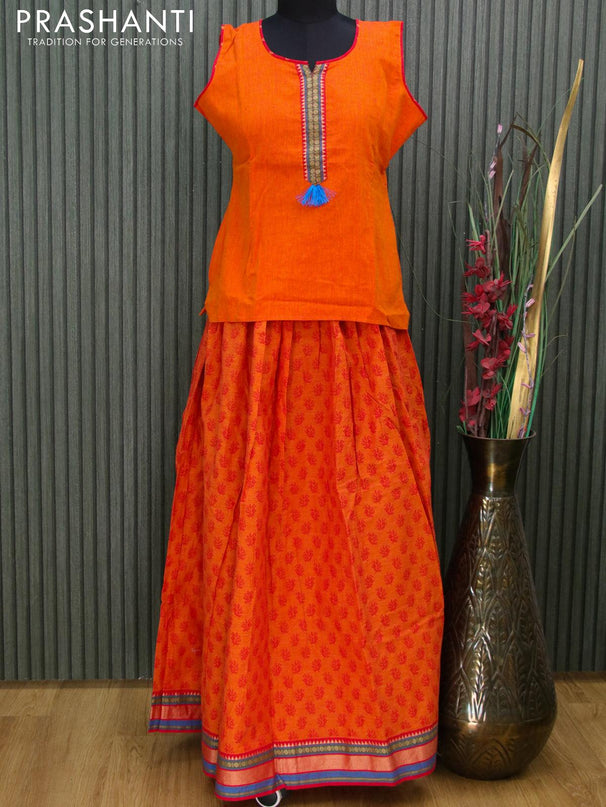 Mangalgiri cotton kids lehanga orange and red with patch work neck pattern and woven border - sleeves attached for 15 years - {{ collection.title }} by Prashanti Sarees