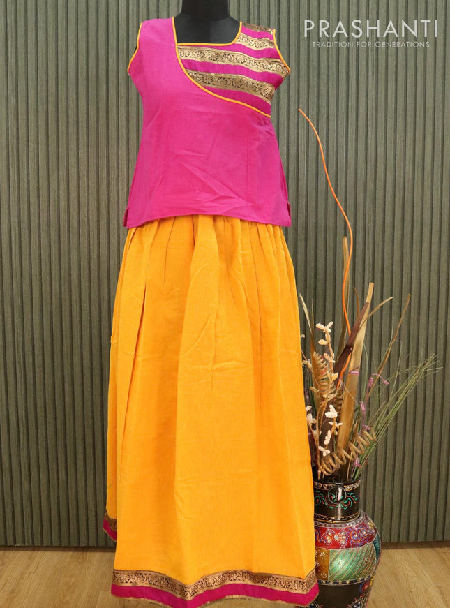 Mangalgiri cotton kids lehanga pink and mango yellow with patch work neck pattern and zari woven border with separate sleeves for 12 years - {{ collection.title }} by Prashanti Sarees