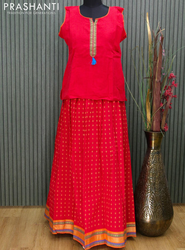 Mangalgiri cotton kids lehanga red and mango yellow with patch work neck pattern and woven border - sleeves attached for 15 years - {{ collection.title }} by Prashanti Sarees