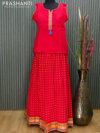 Mangalgiri cotton kids lehanga red and mango yellow with patch work neck pattern and woven border - sleeves attached for 15 years