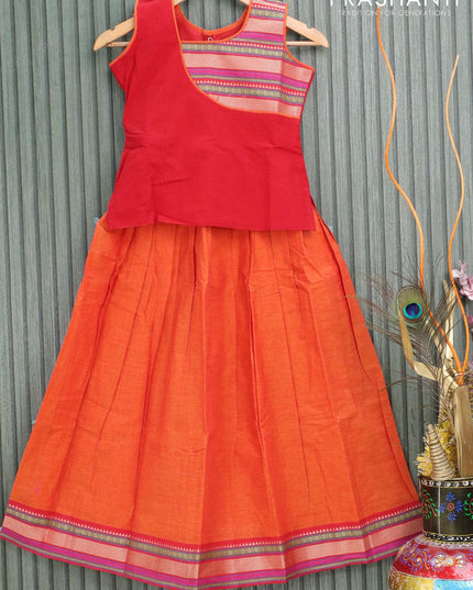 Mangalgiri cotton kids lehanga red and orange with patch work neck pattern and woven border - sleeves attached for 9 years - {{ collection.title }} by Prashanti Sarees