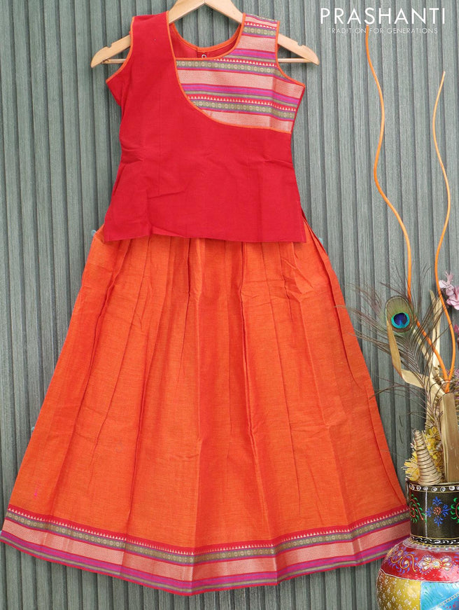 Mangalgiri cotton kids lehanga red and orange with patch work neck pattern and woven border - sleeves attached for 9 years - {{ collection.title }} by Prashanti Sarees