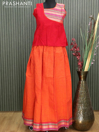 Mangalgiri cotton kids lehanga red and sunset orange with patch work neck pattern and woven border - sleeves attached for 12 years