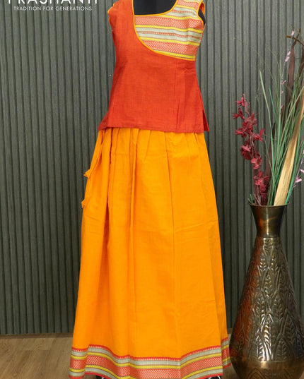 Mangalgiri cotton kids lehanga rustic orange and mango yellow with patch work neck pattern and woven border - sleeves attached for 11 years - {{ collection.title }} by Prashanti Sarees