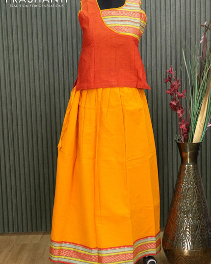 Mangalgiri cotton kids lehanga rustic orange and mango yellow with patch work neck pattern and woven border - sleeves attached for 12 years - {{ collection.title }} by Prashanti Sarees