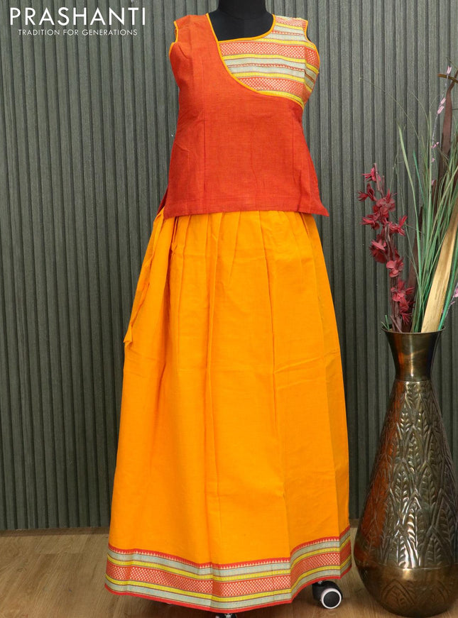 Mangalgiri cotton kids lehanga rustic orange and mango yellow with patch work neck pattern and woven border - sleeves attached for 12 years - {{ collection.title }} by Prashanti Sarees
