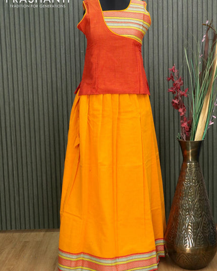Mangalgiri cotton kids lehanga sunset orange and mango yellow with patch work neck pattern and woven border - sleeves attached for 13 years - {{ collection.title }} by Prashanti Sarees