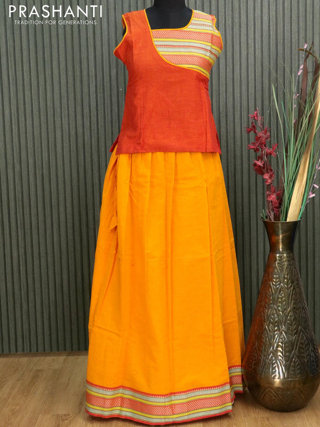 Mangalgiri cotton kids lehanga sunset orange and mango yellow with patch work neck pattern and woven border - sleeves attached for 13 years - {{ collection.title }} by Prashanti Sarees