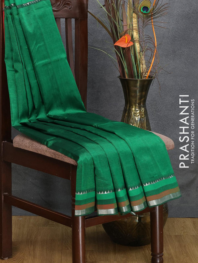 Mangalgiri silk cotton saree green with plain body and silver zari woven simple border - {{ collection.title }} by Prashanti Sarees