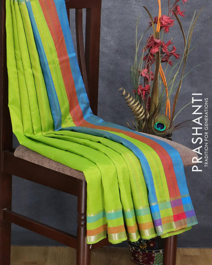 Mangalgiri silk cotton saree light green and maroon shade with plain body and temple design silver zari woven border - {{ collection.title }} by Prashanti Sarees