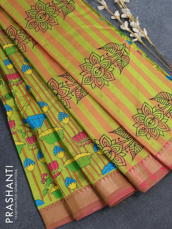 Mangalgiri silk cotton saree light green and pink shade with pichwai prints and small zari woven border - {{ collection.title }} by Prashanti Sarees