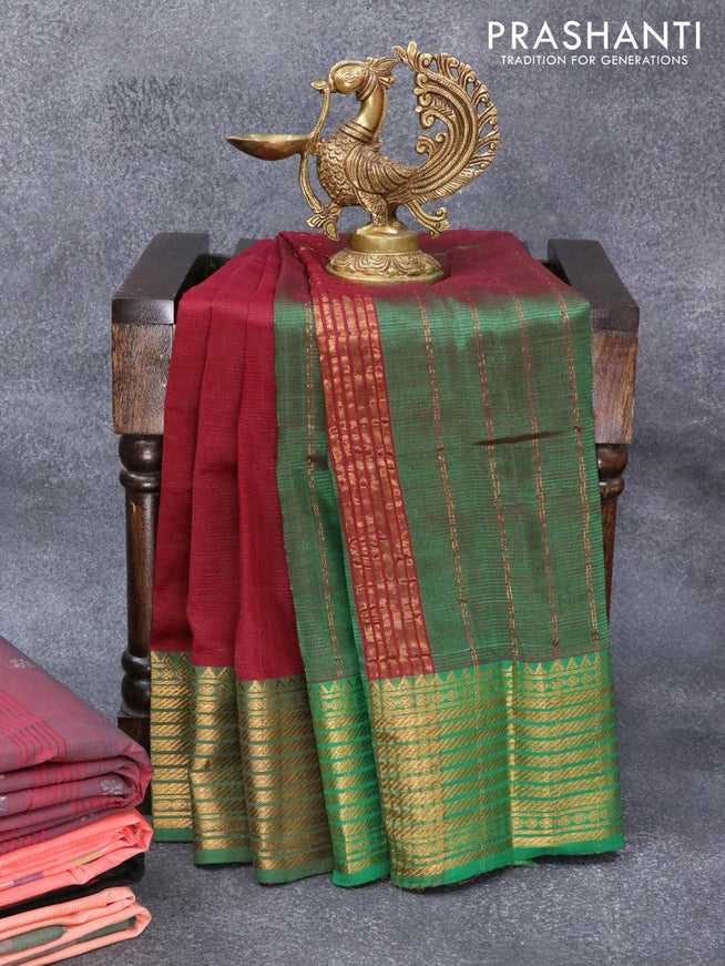 Mangalgiri silk cotton saree maroon and green with plain body and zari woven border - {{ collection.title }} by Prashanti Sarees
