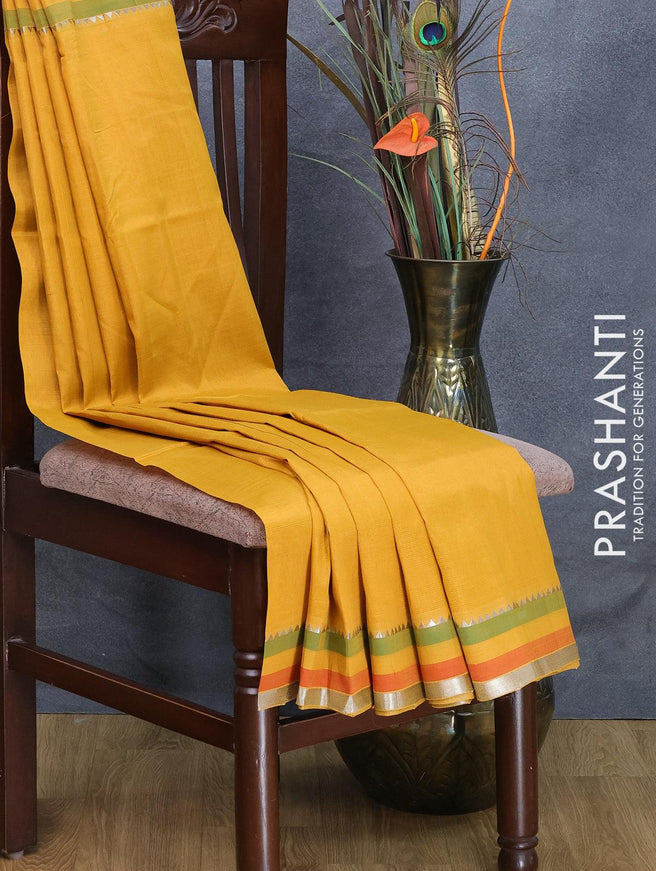 Mangalgiri silk cotton saree mustard yellow and red with plain body and silver zari woven simple border - {{ collection.title }} by Prashanti Sarees