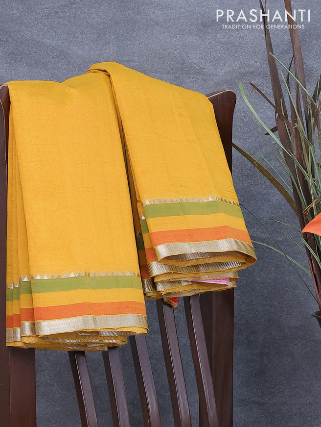 Mangalgiri silk cotton saree mustard yellow and red with plain body and silver zari woven simple border - {{ collection.title }} by Prashanti Sarees