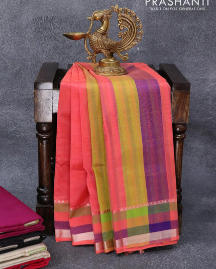 Mangalgiri silk cotton saree peach pink shade with plain body and temple design silver zari woven border - {{ collection.title }} by Prashanti Sarees