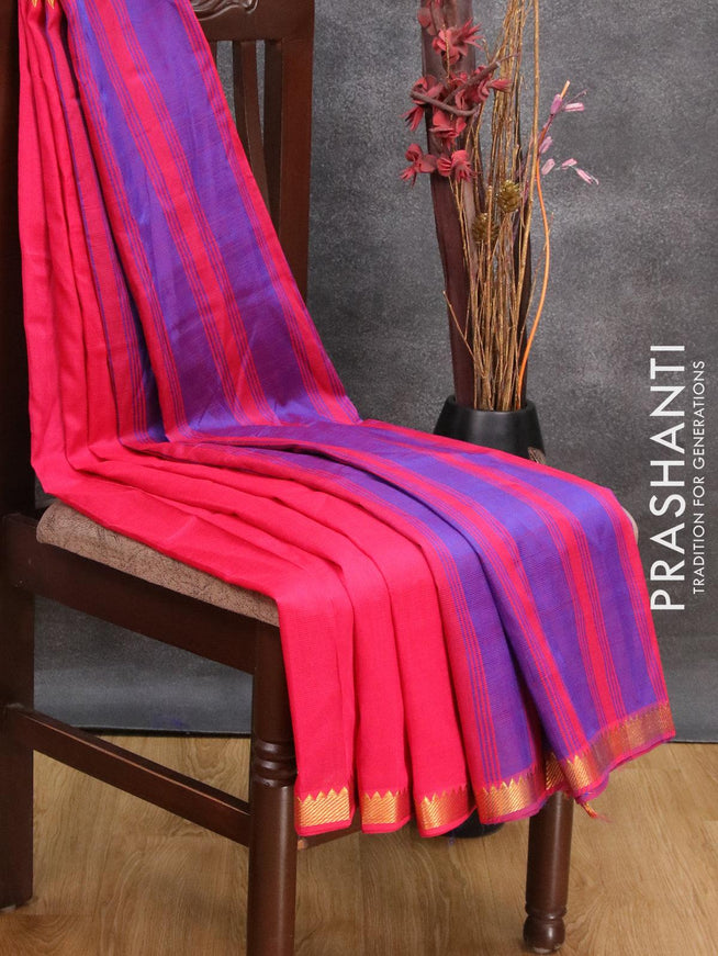 Mangalgiri silk cotton saree pink and blue with plain body and temple design zari woven border - {{ collection.title }} by Prashanti Sarees