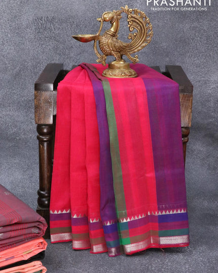 Mangalgiri silk cotton saree pink with plain body and silver zari woven simple border - {{ collection.title }} by Prashanti Sarees