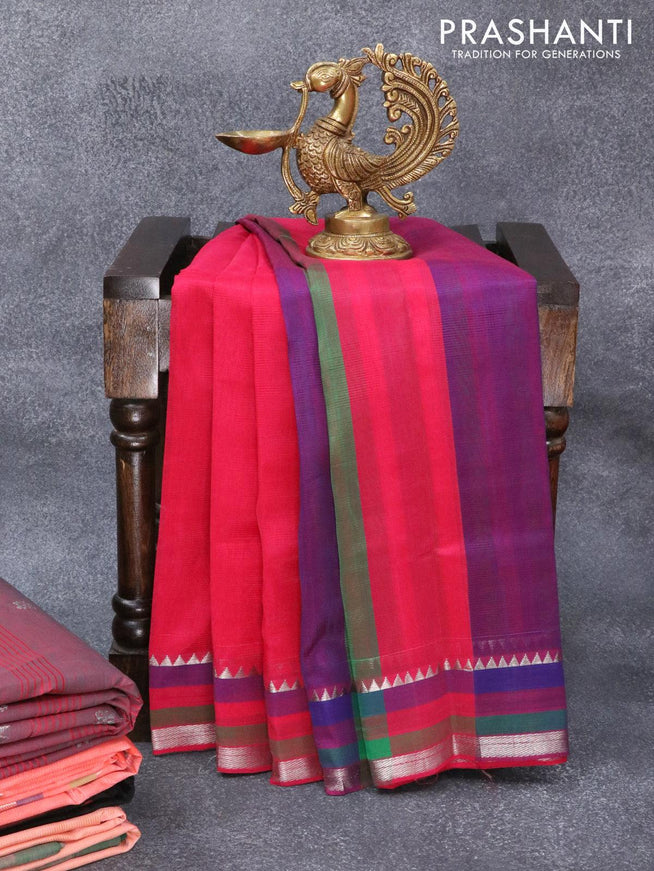 Mangalgiri silk cotton saree pink with plain body and silver zari woven simple border - {{ collection.title }} by Prashanti Sarees