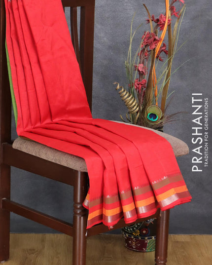 Mangalgiri silk cotton saree red and green with plain body and temple design silver zari woven border - {{ collection.title }} by Prashanti Sarees